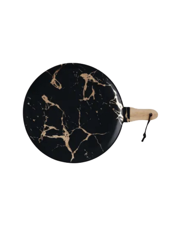 Marble Edition - Platou ceramica, oval, cu maner din lemn, model marmura, 35x26cm