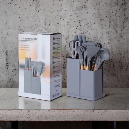 Set 19 ustensile pentru bucatarie din silicon, cu maner de lemn, suport si tocator [6]
