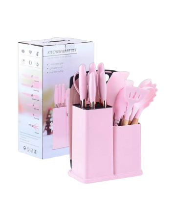 Set 19 ustensile pentru bucatarie din silicon, cu maner de lemn, suport si tocator