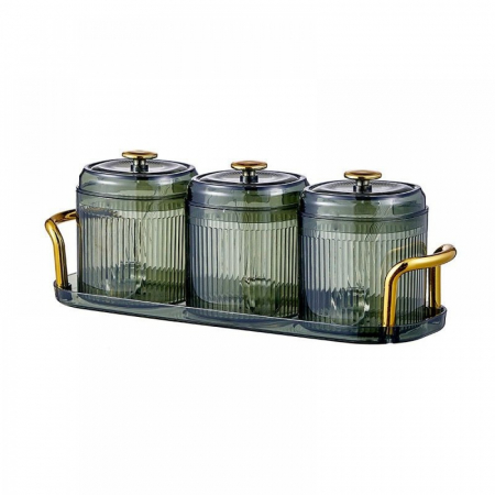 Rasnite condimente - Set 3 recipiente pentru bucatarie, cu capac, tava de prezentare, plastic, verde