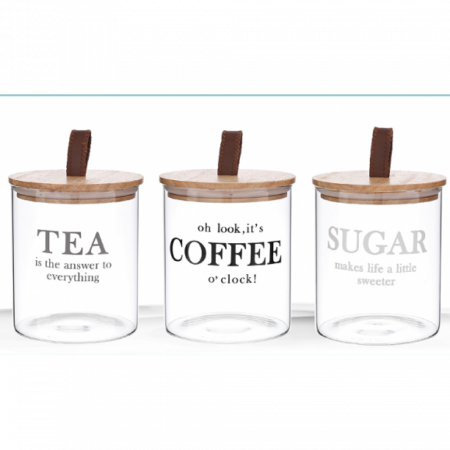 Cani, cesti si pahare - Set 3 recipiente sticla, cu capac din lemn, potrivite pentru cafea, ceai si zahar