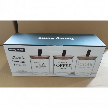 Set 3 recipiente sticla, cu capac din lemn, potrivite pentru cafea, ceai si zahar [1]