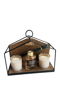 Decor - Set aromaterapie, 2 lumanari parfumate si un parfum cu betisoare pentru camera, suport metalic inclus