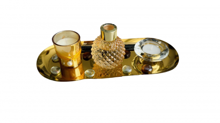 Decor - Set aromaterapie, 2 lumanari si parfum cu betisoare, tava decorativa inclusa