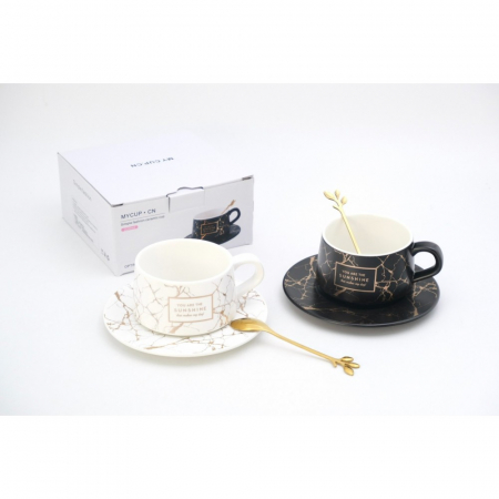 Set cana, farfurie si lingurita, ceramica, model marble [2]