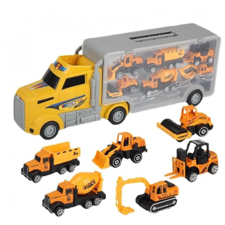 Produse - Set jucarie camion container, cu 6 vehicule constructie, rampa pentru descarcare si loc pentru depozitarea lor