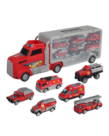 Set jucarie camion container, cu 6 vehicule pompieri, cu rampa pentru descarcare si loc pentru depozitarea lor [0]