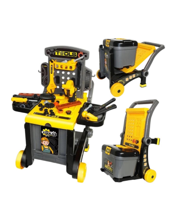 Jucarii de creatie si meserii - Set jucarie ustensile pentru constructie, 3 in 1, banc de lucru, valiza cu unelte incluse si carucior pentru deplasarea lor