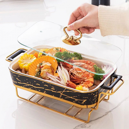 Tava pentru friptura din ceramica, cu capac sticla si suport pentru incalzit auriu,fier, model marmura, 26x17x6 cm [3]