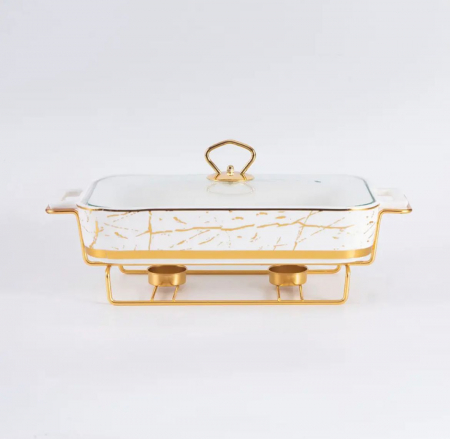 Tava pentru friptura din ceramica, cu capac sticla si suport pentru incalzit auriu,fier, model marmura, 26x17x6 cm [5]