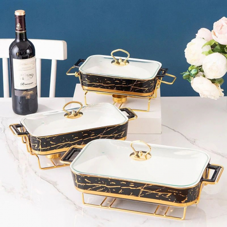 Tava pentru friptura din ceramica, cu capac sticla si suport pentru incalzit auriu,fier, model marmura, 26x17x6 cm [2]