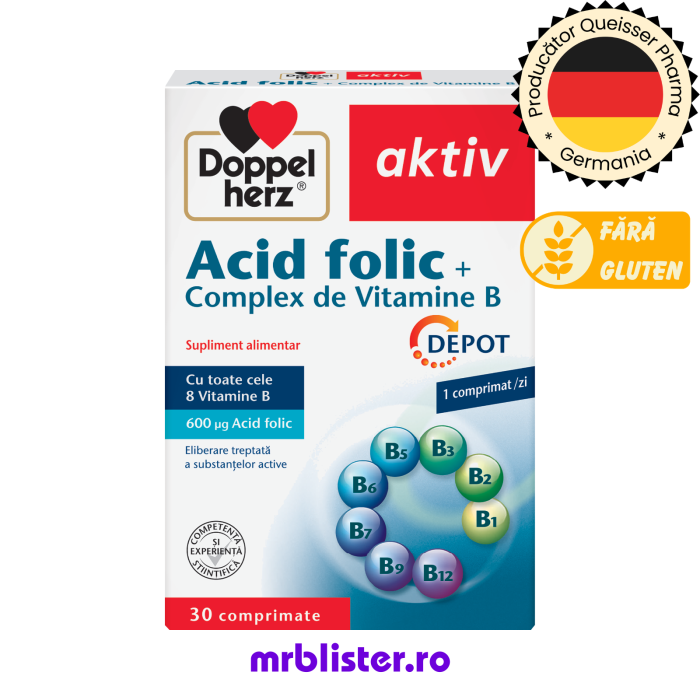 Doppelherz Aktiv Acid Folic + Complex de Vitamine B Depot 30 comprimate [1]