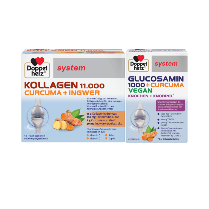 Doppelherz System Kollagen 11000 Curcuma + Ghimbir 30 flacoane + Glucozamina 1000 + Curcuma 60 capsule pachet promotional [2]