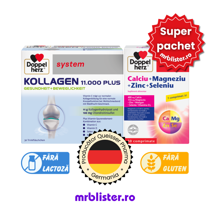 Doppelherz System Kollagen 11000 Plus 30 flacoane + Calciu + Magneziu + Zinc + Seleniu 30 comprimate pachet promotional [1]