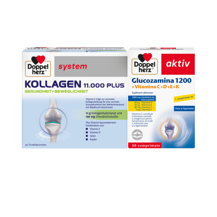 Doppelherz System Kollagen 11000 Plus 30 flacoane + Glucozamina 1200 + Vitamina C+D+E+K 30 comprimate pachet promotional [2]