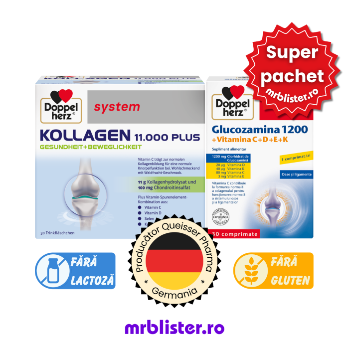 Doppelherz System Kollagen 11000 Plus 30 flacoane + Glucozamina 1200 + Vitamina C+D+E+K 30 comprimate pachet promotional [1]