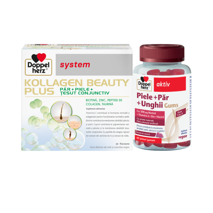 Doppelherz System Kollagen Beauty Plus 30 flacoane + Doppelherz Piele + Par + Unghii Gums 60 jeleuri gumate pachet promotional [2]