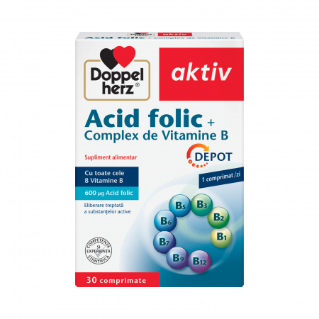 Toate produsele - Doppelherz Aktiv Acid Folic + Complex de Vitamine B Depot 30 comprimate