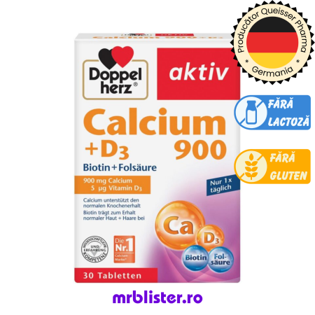 DOPPELHERZ - Doppelherz Aktiv Calciu 900 + D3 + Biotină + Acid Folic 30 comprimate
