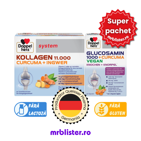 Toate produsele - Doppelherz System Kollagen 11000 Curcuma + Ghimbir 30 flacoane + Glucozamina 1000 + Curcuma 60 capsule pachet promotional