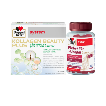 Doppelherz System Kollagen Beauty Plus 30 flacoane + Doppelherz Piele + Par + Unghii Gums 60 jeleuri gumate pachet promotional [1]