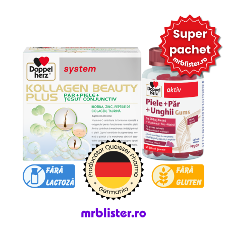 Toate produsele - Doppelherz System Kollagen Beauty Plus 30 flacoane + Doppelherz Piele + Par + Unghii Gums 60 jeleuri gumate pachet promotional