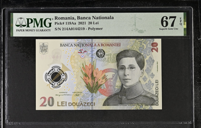 Romania, BNR, 20 lei 2021 P119Aa PMG Superb Gem Unc 67 EPQ [1]