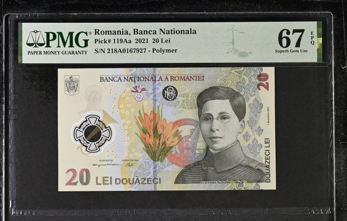 Romania, BNR, 20 lei 2021 P119Aa PMG Superb Gem Unc 67 EPQ [1]