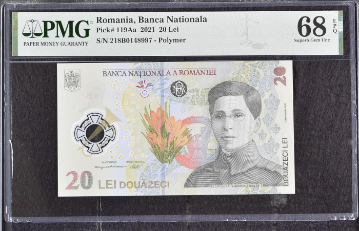 Romania, BNR, 20 lei 2021 P119Aa PMG Superb Gem Unc 68 EPQ [1]