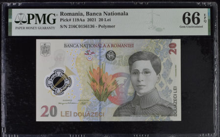 Romania - Romania, BNR, 20 lei 2021 P119Aa PMG Gem Uncirculated 66 EPQ