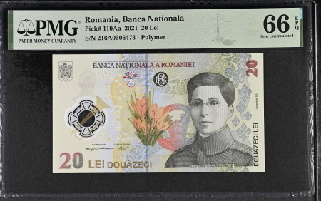 Romania - Romania, BNR, 20 lei 2021 P119Aa PMG Gem Uncirculated 66 EPQ