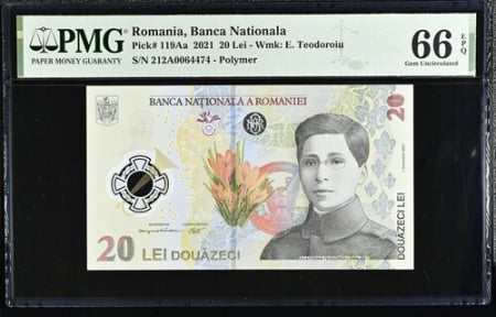 Romania - Romania, BNR, 20 lei 2021 P119Aa PMG Gem Uncirculated 66 EPQ