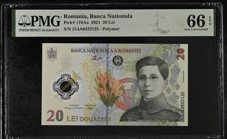 Romania - Romania, BNR, 20 lei 2021 P119Aa PMG Gem Uncirculated 66 EPQ