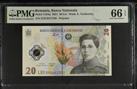 Romania - Romania, BNR, 20 lei 2021 P119Aa PMG Gem Uncirculated 66 EPQ