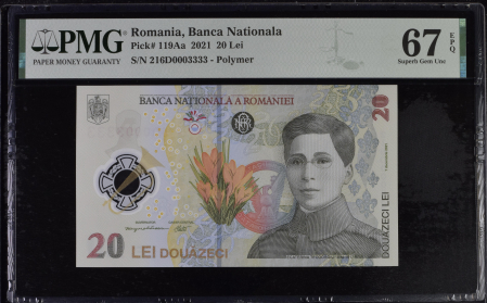Romania - Romania, BNR, 20 lei 2021 P119Aa PMG Superb Gem Unc 67 EPQ
