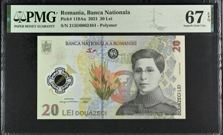 Romania - Romania, BNR, 20 lei 2021 P119Aa PMG Superb Gem Unc 67 EPQ