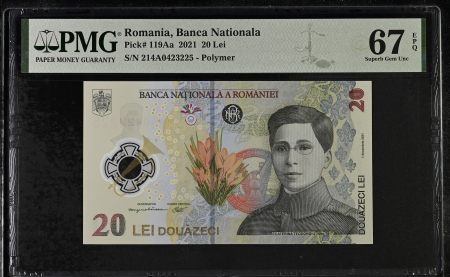 Romania - Romania, BNR, 20 lei 2021 P119Aa PMG Superb Gem Unc 67 EPQ