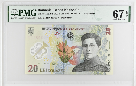 Romania - Romania, BNR, 20 lei 2021 P119Aa PMG Superb Gem Unc 67 EPQ