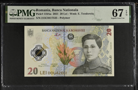 Romania - Romania, BNR, 20 lei 2021 P119Aa PMG Superb Gem Unc 67 EPQ