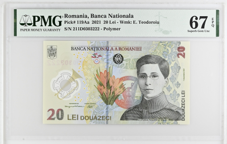 Romania - Romania, BNR, 20 lei 2021 P119Aa PMG Superb Gem Unc 67 EPQ