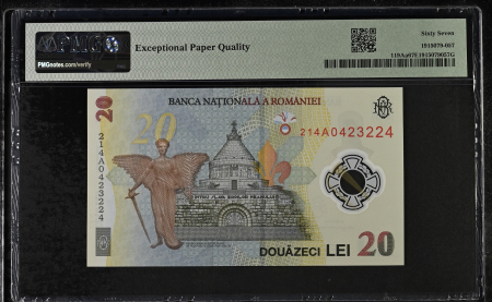 Romania, BNR, 20 lei 2021 P119Aa PMG Superb Gem Unc 67 EPQ [1]