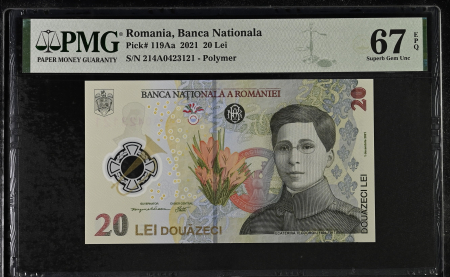 Romania - Romania, BNR, 20 lei 2021 P119Aa PMG Superb Gem Unc 67 EPQ