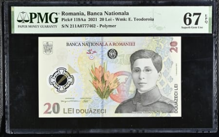 Romania - Romania, BNR, 20 lei 2021 P119Aa PMG Superb Gem Unc 67 EPQ