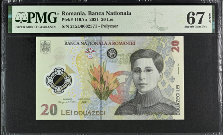 Romania - Romania, BNR, 20 lei 2021 P119Aa PMG Superb Gem Unc 67 EPQ