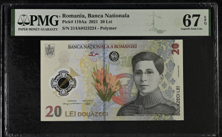 Romania - Romania, BNR, 20 lei 2021 P119Aa PMG Superb Gem Unc 67 EPQ