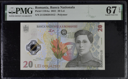 Romania - Romania, BNR, 20 lei 2021 P119Aa PMG Superb Gem Unc 67 EPQ