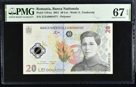 Romania - Romania, BNR, 20 lei 2021 P119Aa PMG Superb Gem Unc 67 EPQ