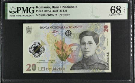 Romania - Romania, BNR, 20 lei 2021 P119Aa PMG Superb Gem Unc 68 EPQ