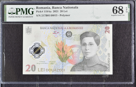 Romania - Romania, BNR, 20 lei 2021 P119Aa PMG Superb Gem Unc 68 EPQ
