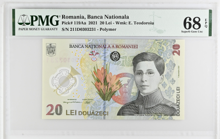 Romania - Romania, BNR, 20 lei 2021 P119Aa PMG Superb Gem Unc 68 EPQ